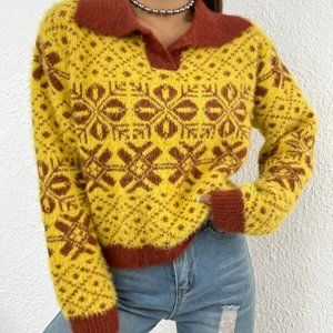 Shein geometric pattern winter snowflake yellow and brown top